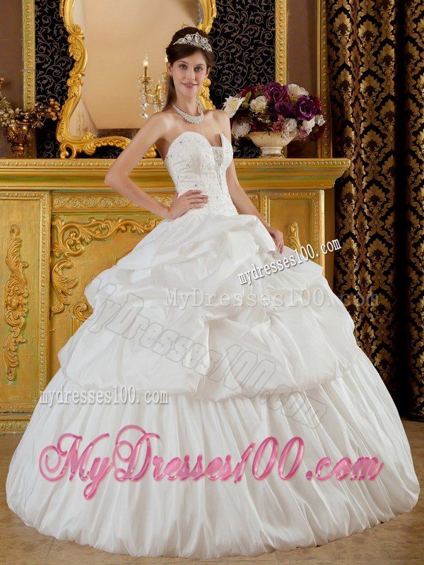 Ball Gown Strapless White Quinceanera Dress with Beading and Pick-ups