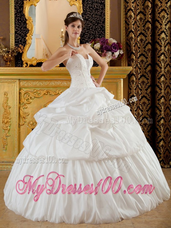 Ball Gown Strapless White Quinceanera Dress with Beading and Pick-ups