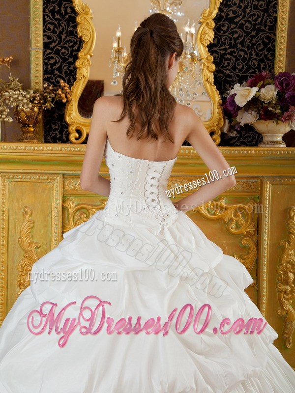 Ball Gown Strapless White Quinceanera Dress with Beading and Pick-ups