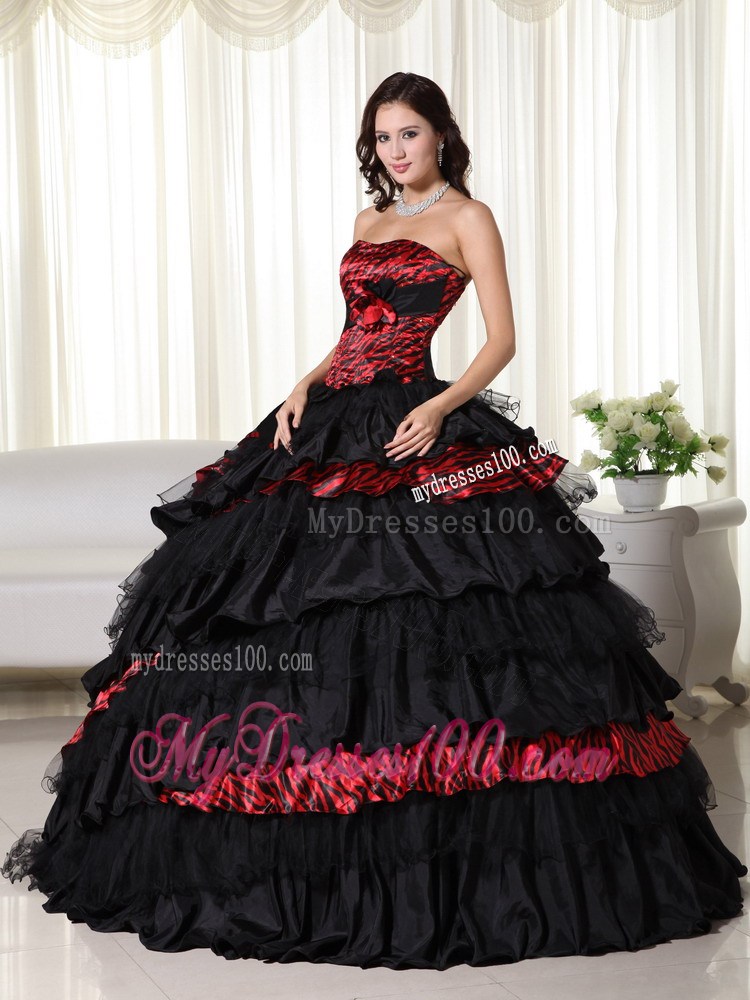 Ball Gown Strapless Leopard Ruffles Black and Red Quinceanera Dress