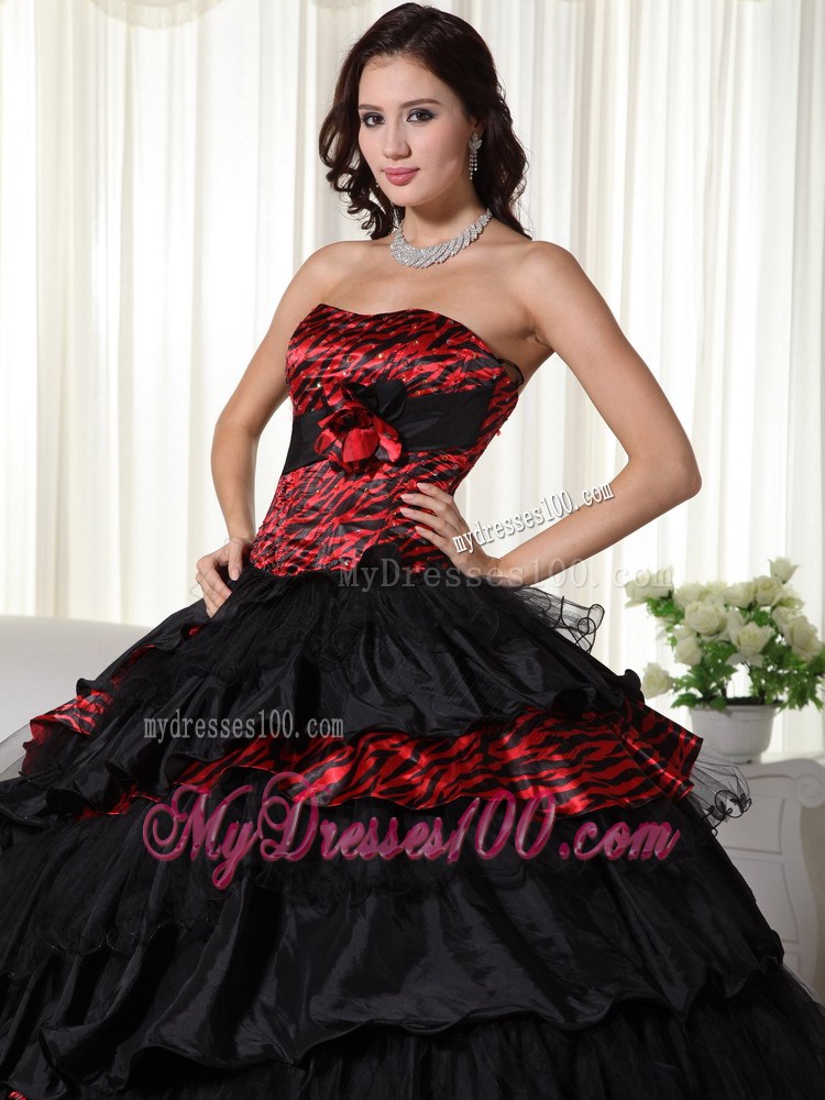 Ball Gown Strapless Leopard Ruffles Black and Red Quinceanera Dress