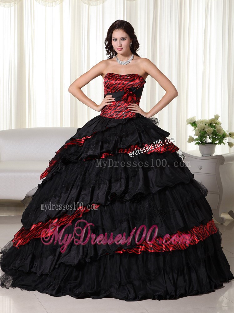 Ball Gown Strapless Leopard Ruffles Black and Red Quinceanera Dress