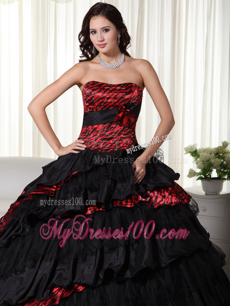 Ball Gown Strapless Leopard Ruffles Black and Red Quinceanera Dress