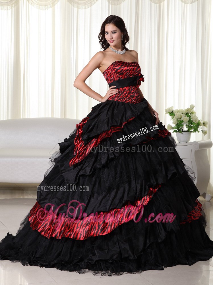 Ball Gown Strapless Leopard Ruffles Black and Red Quinceanera Dress
