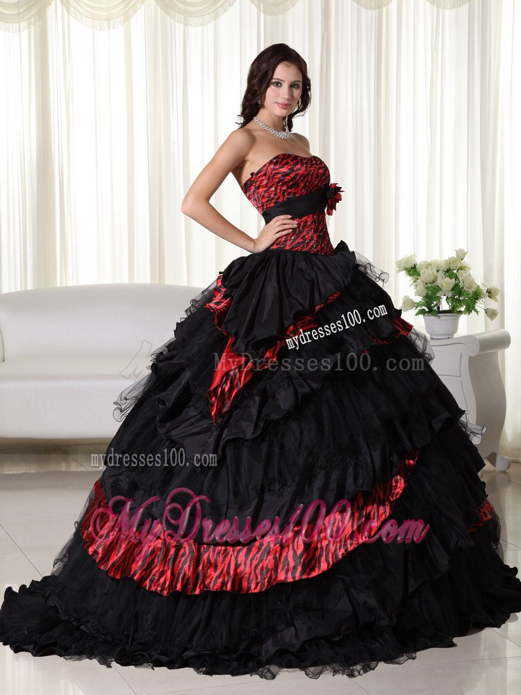 Ball Gown Strapless Leopard Ruffles Black and Red Quinceanera Dress