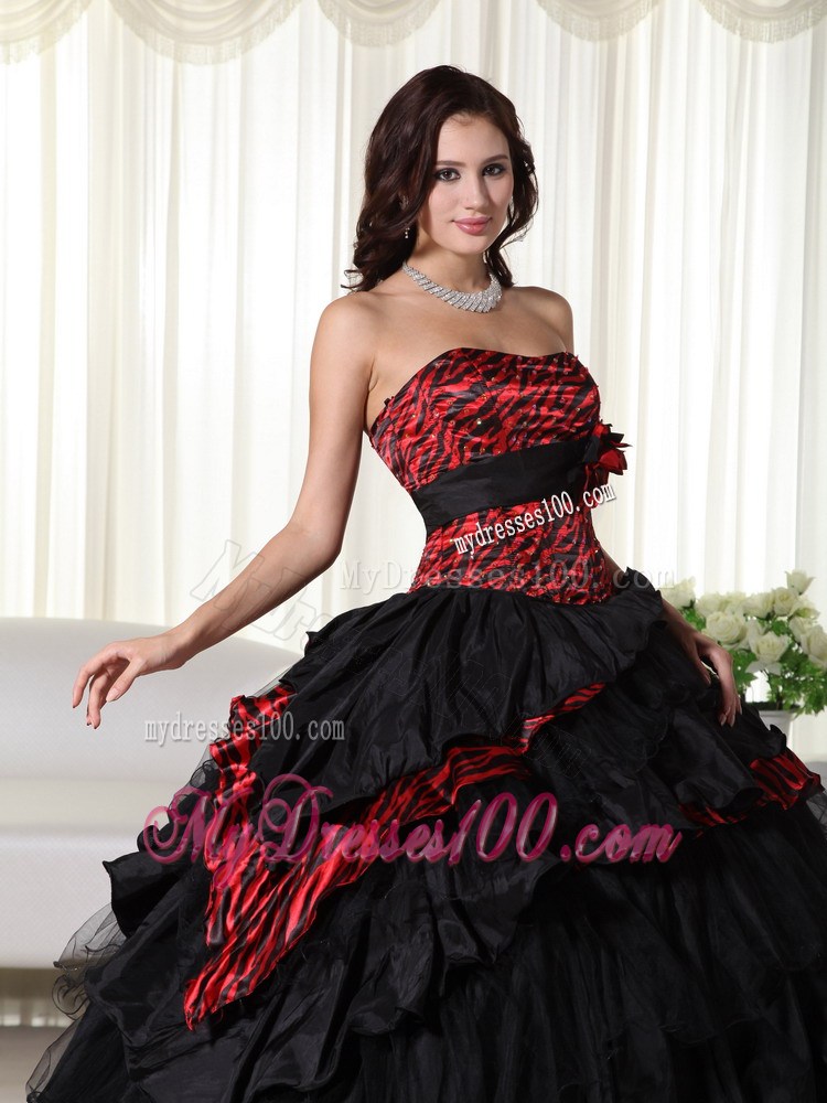 Ball Gown Strapless Leopard Ruffles Black and Red Quinceanera Dress