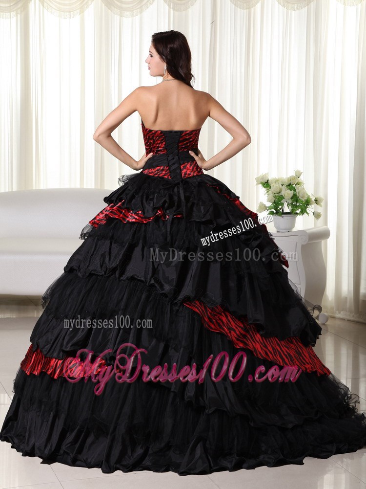 Ball Gown Strapless Leopard Ruffles Black and Red Quinceanera Dress