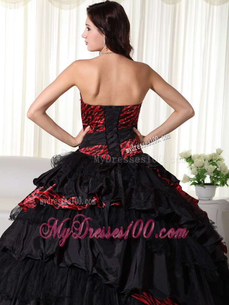 Ball Gown Strapless Leopard Ruffles Black and Red Quinceanera Dress