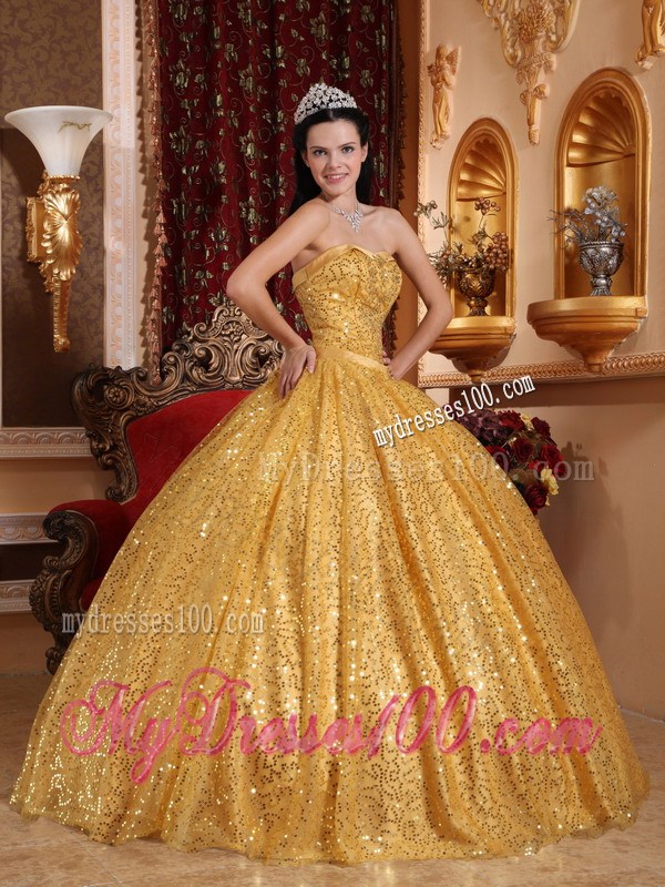 Gold Ball Gown Sweetheart Quinceanera Dress with Beading and Sequins
