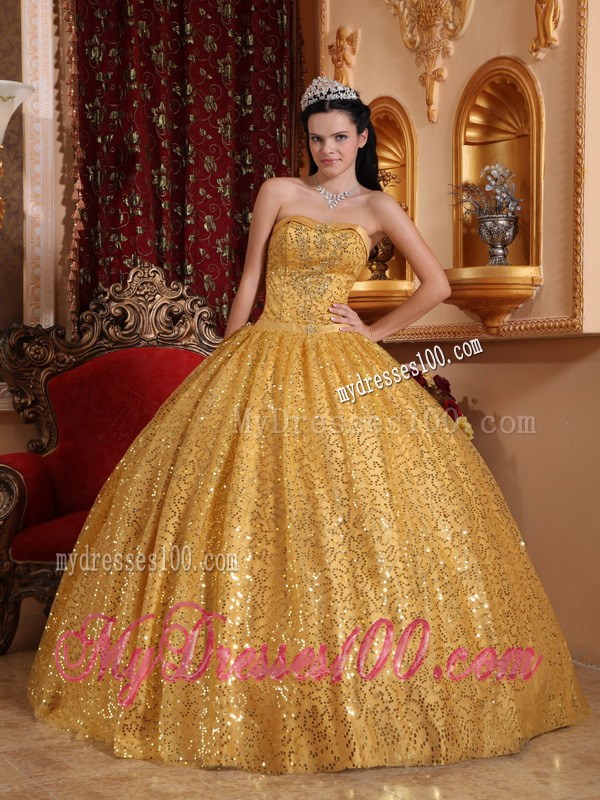 Gold Ball Gown Sweetheart Quinceanera Dress with Beading and Sequins