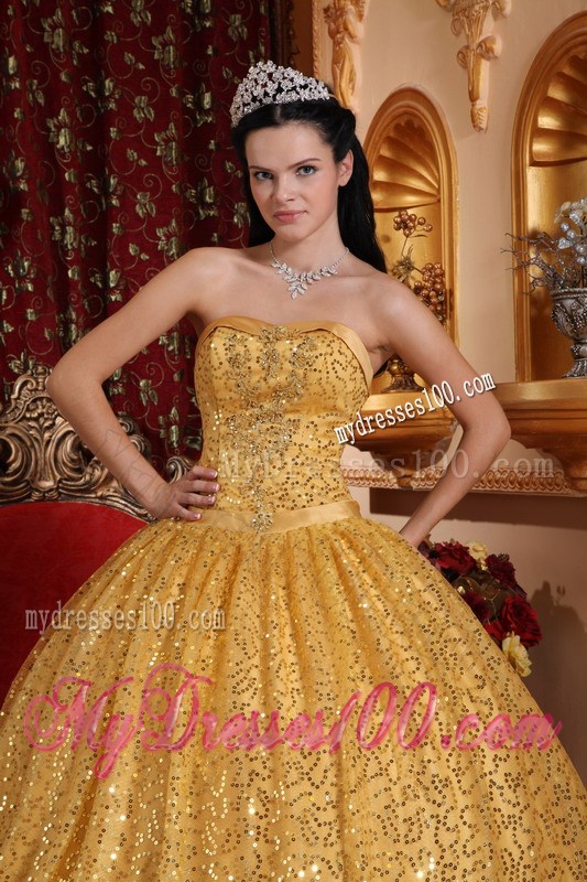 Gold Ball Gown Sweetheart Quinceanera Dress with Beading and Sequins