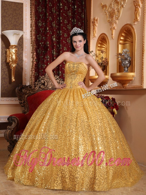 Gold Ball Gown Sweetheart Quinceanera Dress with Beading and Sequins
