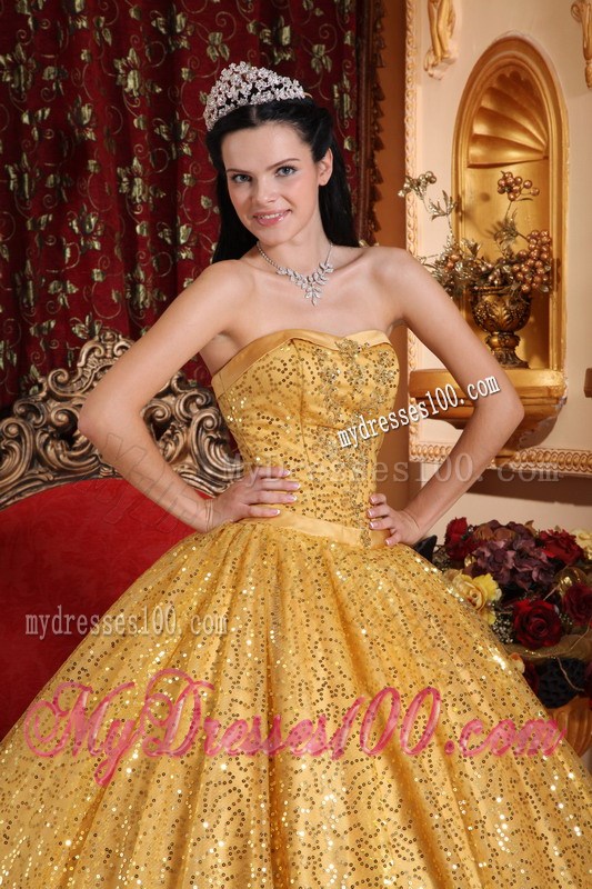 Gold Ball Gown Sweetheart Quinceanera Dress with Beading and Sequins