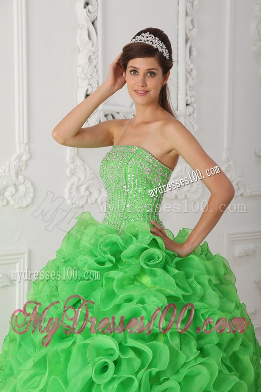 Green Ball Gown Strapless Ruffles Organza Beading Quinceanera Dress
