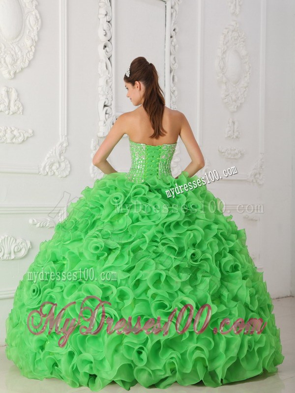 Green Ball Gown Strapless Ruffles Organza Beading Quinceanera Dress