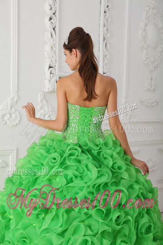 Green Ball Gown Strapless Ruffles Organza Beading Quinceanera Dress