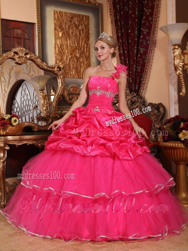 One Shoulder Hot Pink Organza Quince Dress with Beading and Pick-ups