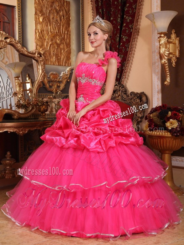 One Shoulder Hot Pink Organza Quince Dress with Beading and Pick-ups