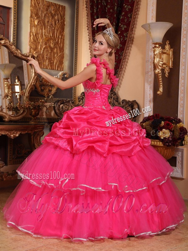 One Shoulder Hot Pink Organza Quince Dress with Beading and Pick-ups