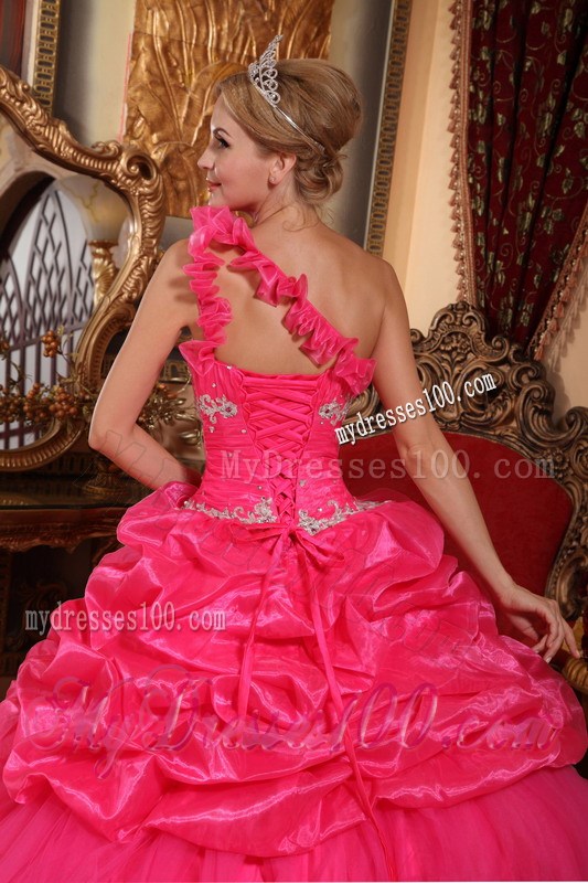 One Shoulder Hot Pink Organza Quince Dress with Beading and Pick-ups