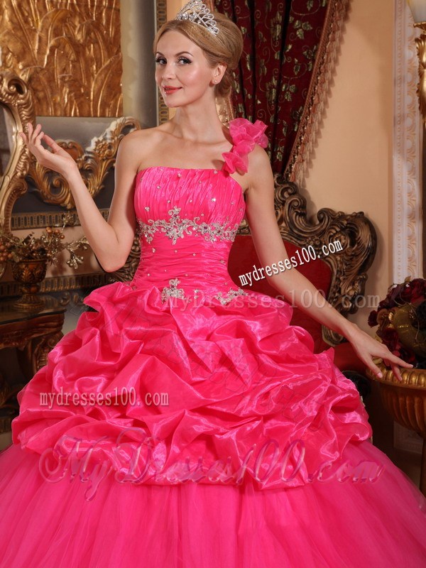 One Shoulder Hot Pink Organza Quince Dress with Beading and Pick-ups
