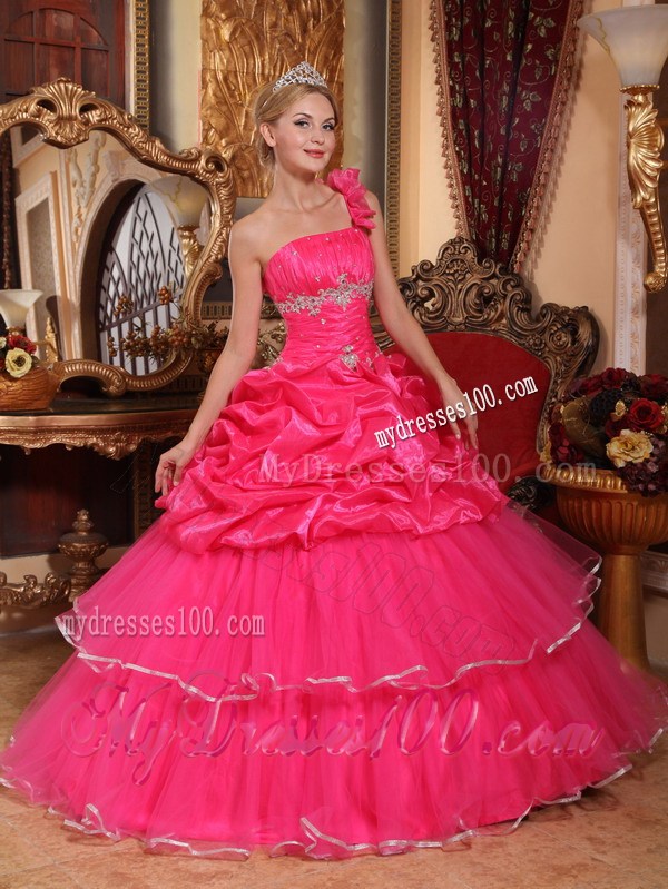 One Shoulder Hot Pink Organza Quince Dress with Beading and Pick-ups