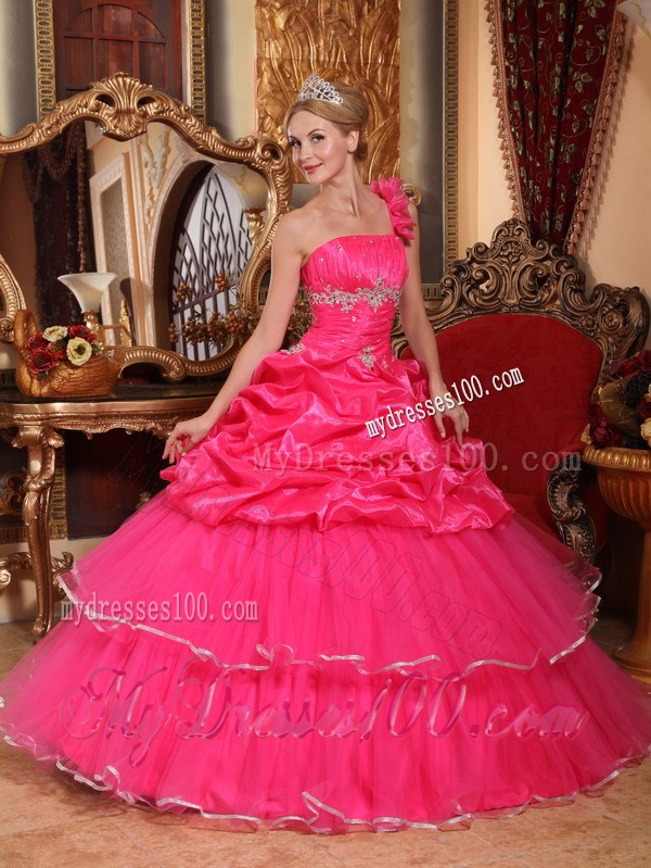 One Shoulder Hot Pink Organza Quince Dress with Beading and Pick-ups