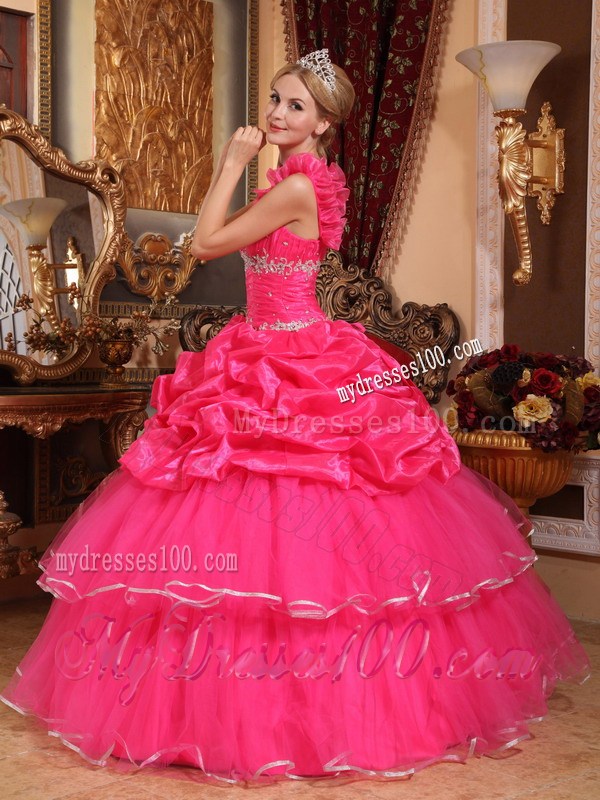 One Shoulder Hot Pink Organza Quince Dress with Beading and Pick-ups