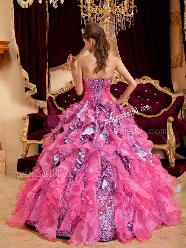 Hot Pink Sweetheart Leopard Quinceanera Dress with Beading and Ruffles