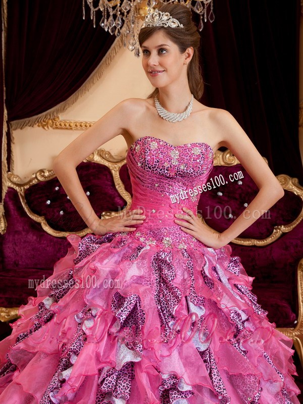 Hot Pink Sweetheart Leopard Quinceanera Dress with Beading and Ruffles