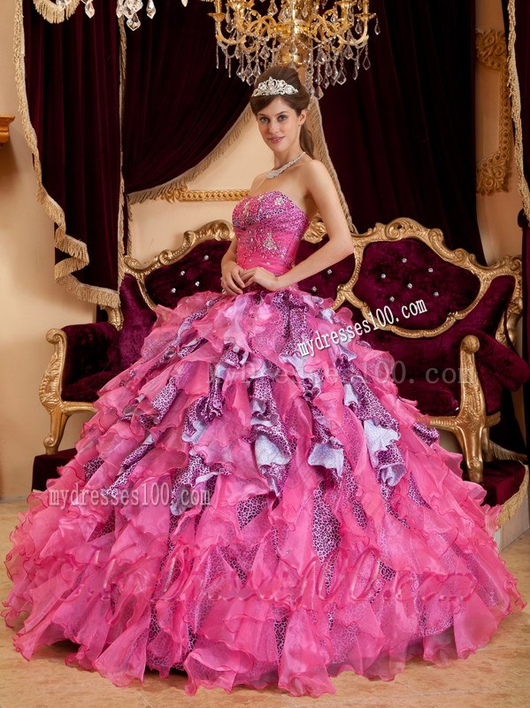 Hot Pink Sweetheart Leopard Quinceanera Dress with Beading and Ruffles