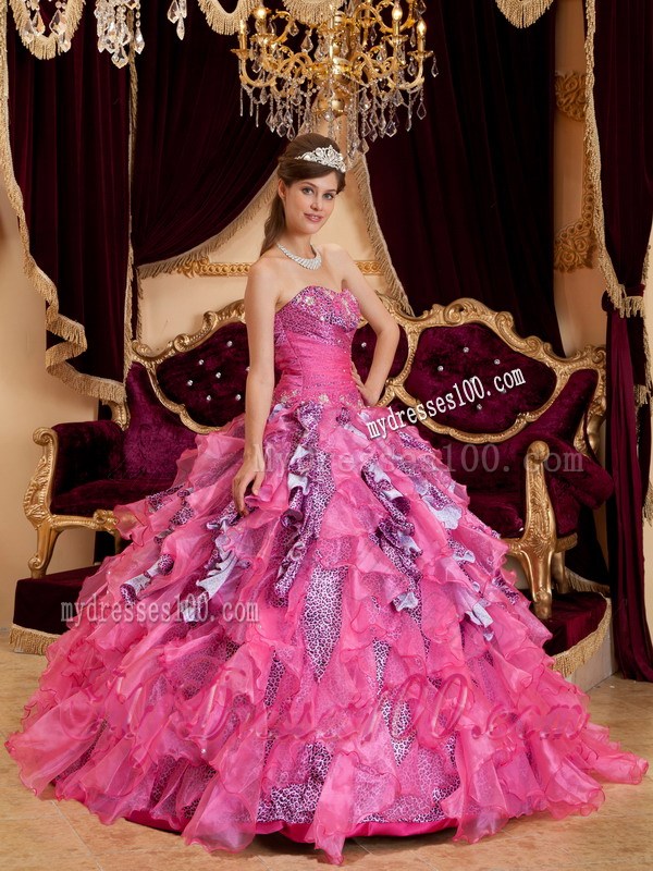 Hot Pink Sweetheart Leopard Quinceanera Dress with Beading and Ruffles