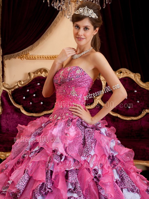 Hot Pink Sweetheart Leopard Quinceanera Dress with Beading and Ruffles