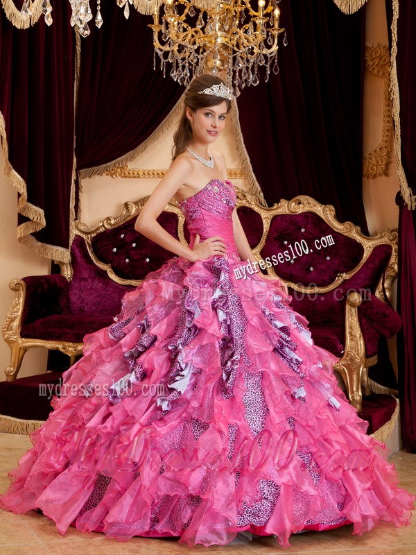 Hot Pink Sweetheart Leopard Quinceanera Dress with Beading and Ruffles