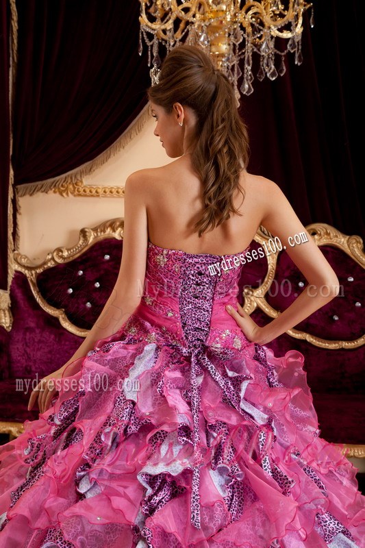 Hot Pink Sweetheart Leopard Quinceanera Dress with Beading and Ruffles
