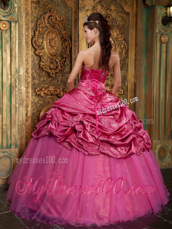 Hot Pink Ball Gown Sweetheart Aplliques and Pick-ups Quinceanera Dress