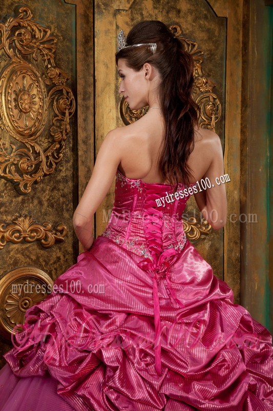 Hot Pink Ball Gown Sweetheart Aplliques and Pick-ups Quinceanera Dress