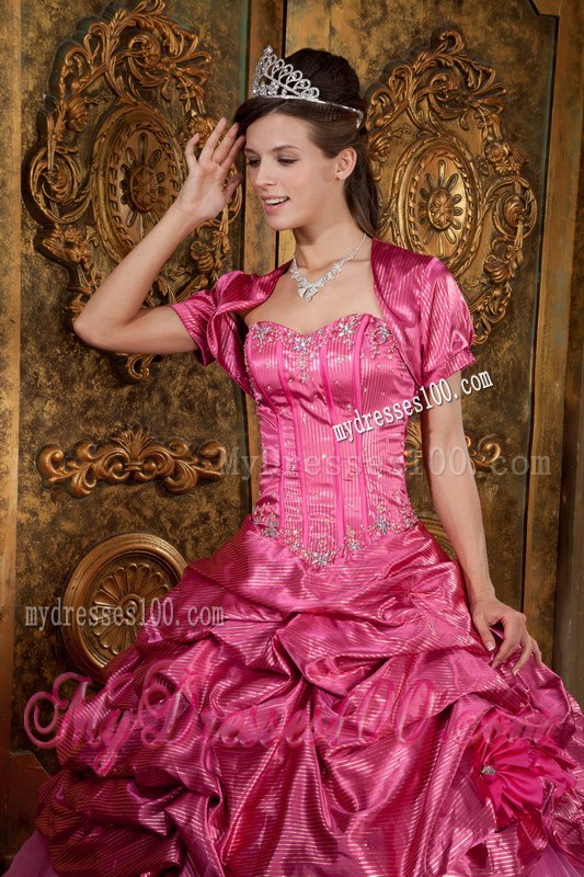 Hot Pink Ball Gown Sweetheart Aplliques and Pick-ups Quinceanera Dress