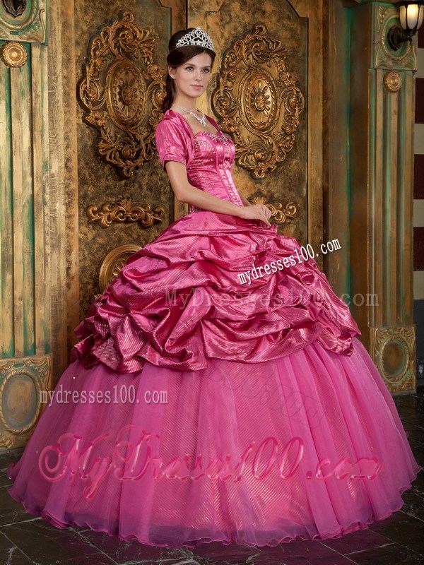 Hot Pink Ball Gown Sweetheart Aplliques and Pick-ups Quinceanera Dress