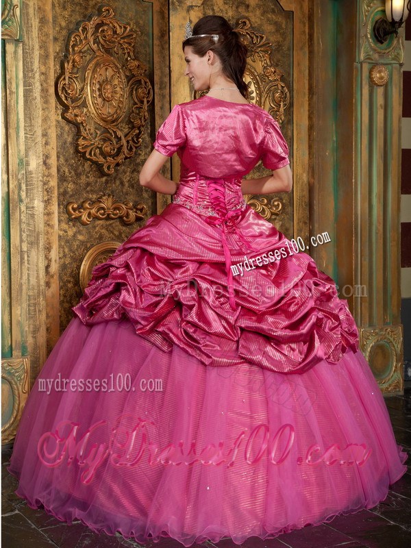 Hot Pink Ball Gown Sweetheart Aplliques and Pick-ups Quinceanera Dress
