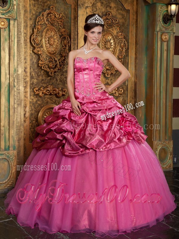 Hot Pink Ball Gown Sweetheart Aplliques and Pick-ups Quinceanera Dress