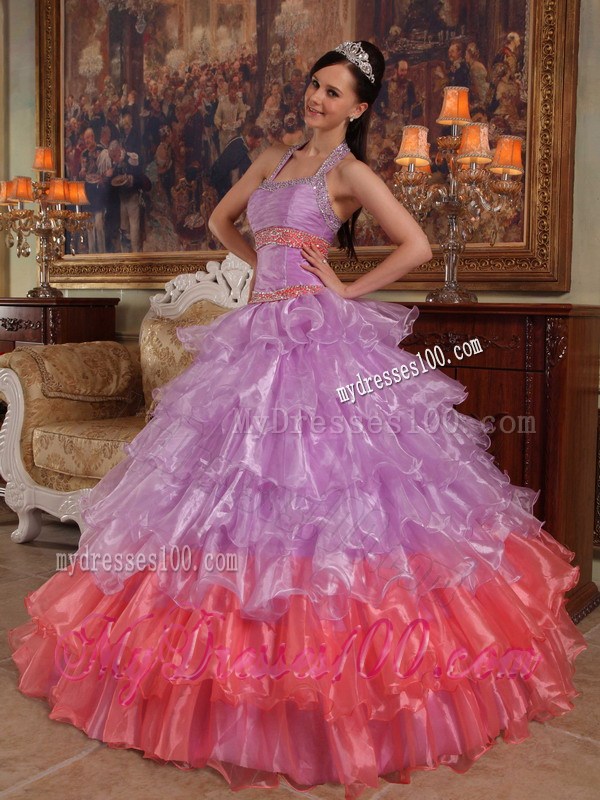 Lavender Ball Gown Halter Top Beading and Ruffles Sweet 15 Dress