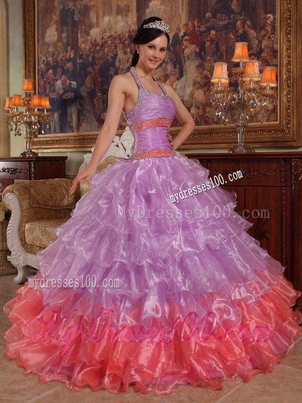 Lavender Ball Gown Halter Top Beading and Ruffles Sweet 15 Dress