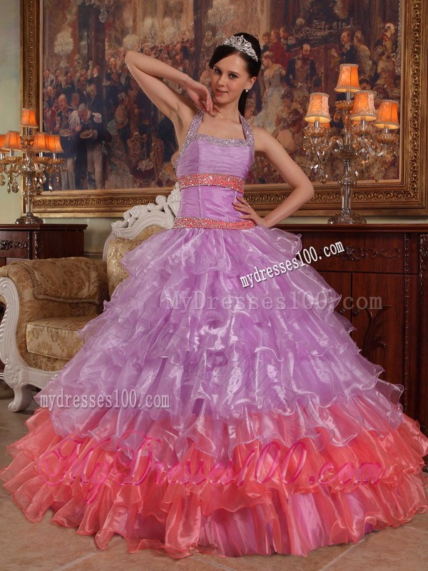 Lavender Ball Gown Halter Top Beading and Ruffles Sweet 15 Dress