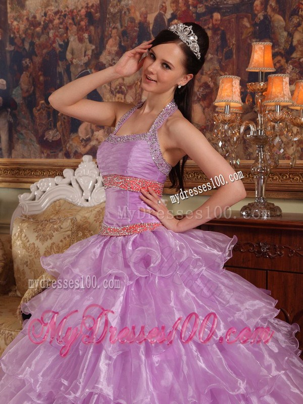 Lavender Ball Gown Halter Top Beading and Ruffles Sweet 15 Dress