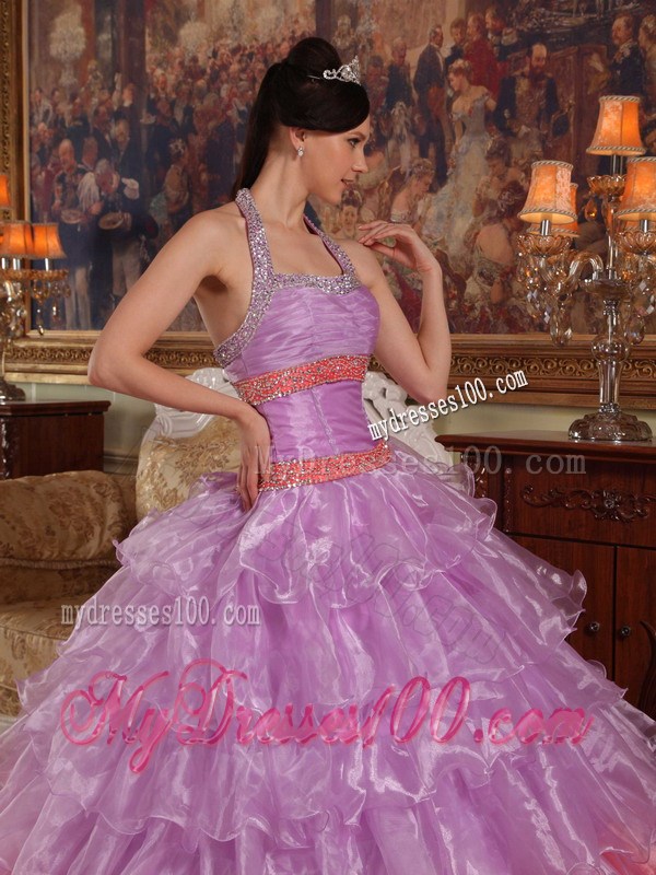 Lavender Ball Gown Halter Top Beading and Ruffles Sweet 15 Dress