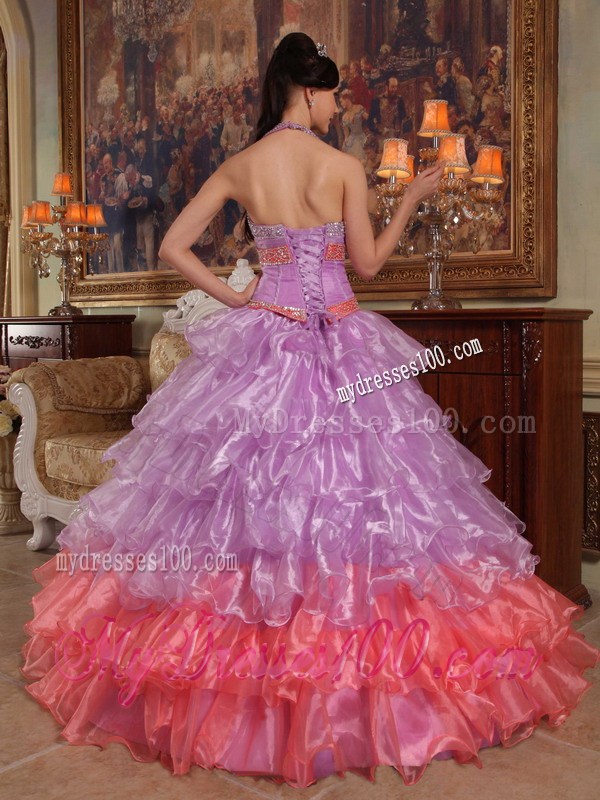 Lavender Ball Gown Halter Top Beading and Ruffles Sweet 15 Dress
