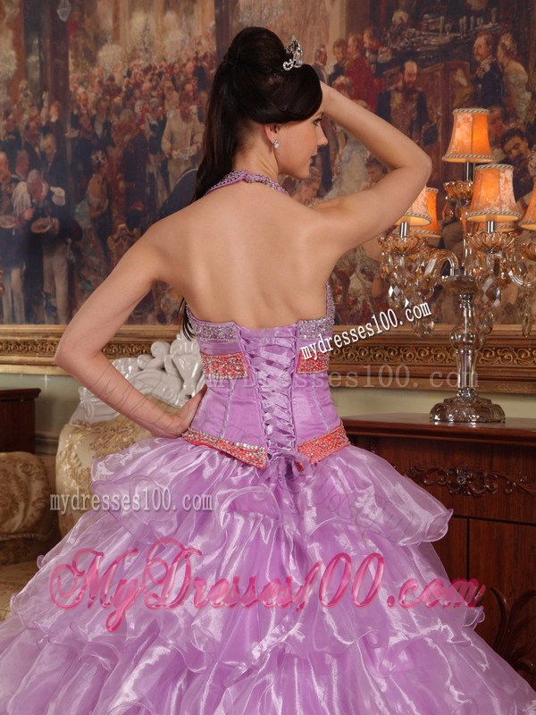Lavender Ball Gown Halter Top Beading and Ruffles Sweet 15 Dress