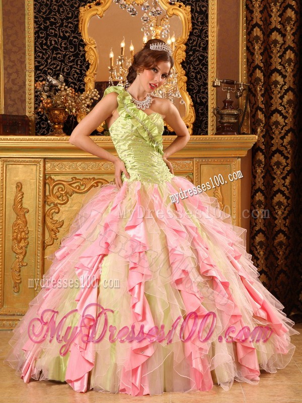 Multi-Color Ball Gown One Shoulder Beaded and Ruffled Quinceanera Dress