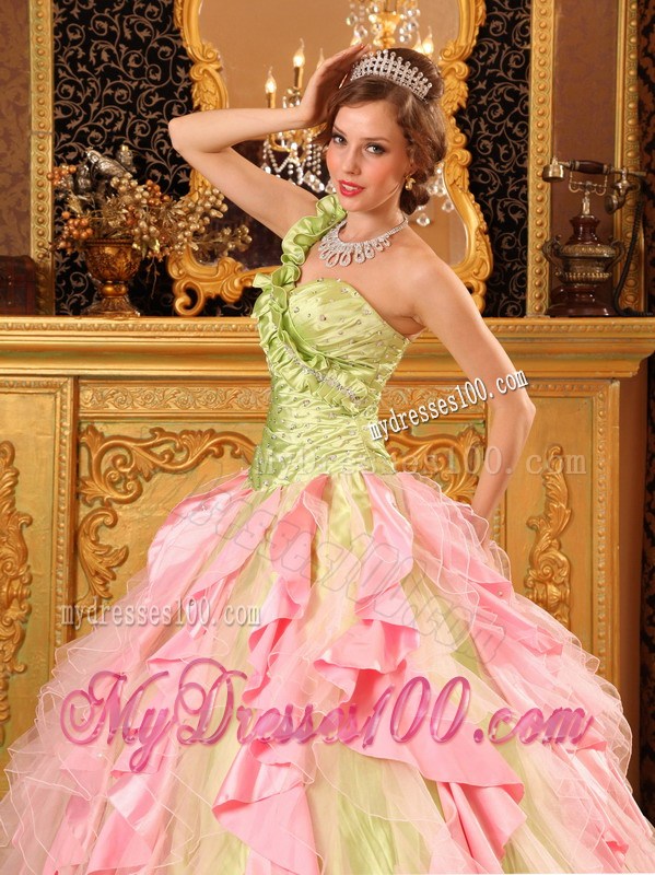 Multi-Color Ball Gown One Shoulder Beaded and Ruffled Quinceanera Dress